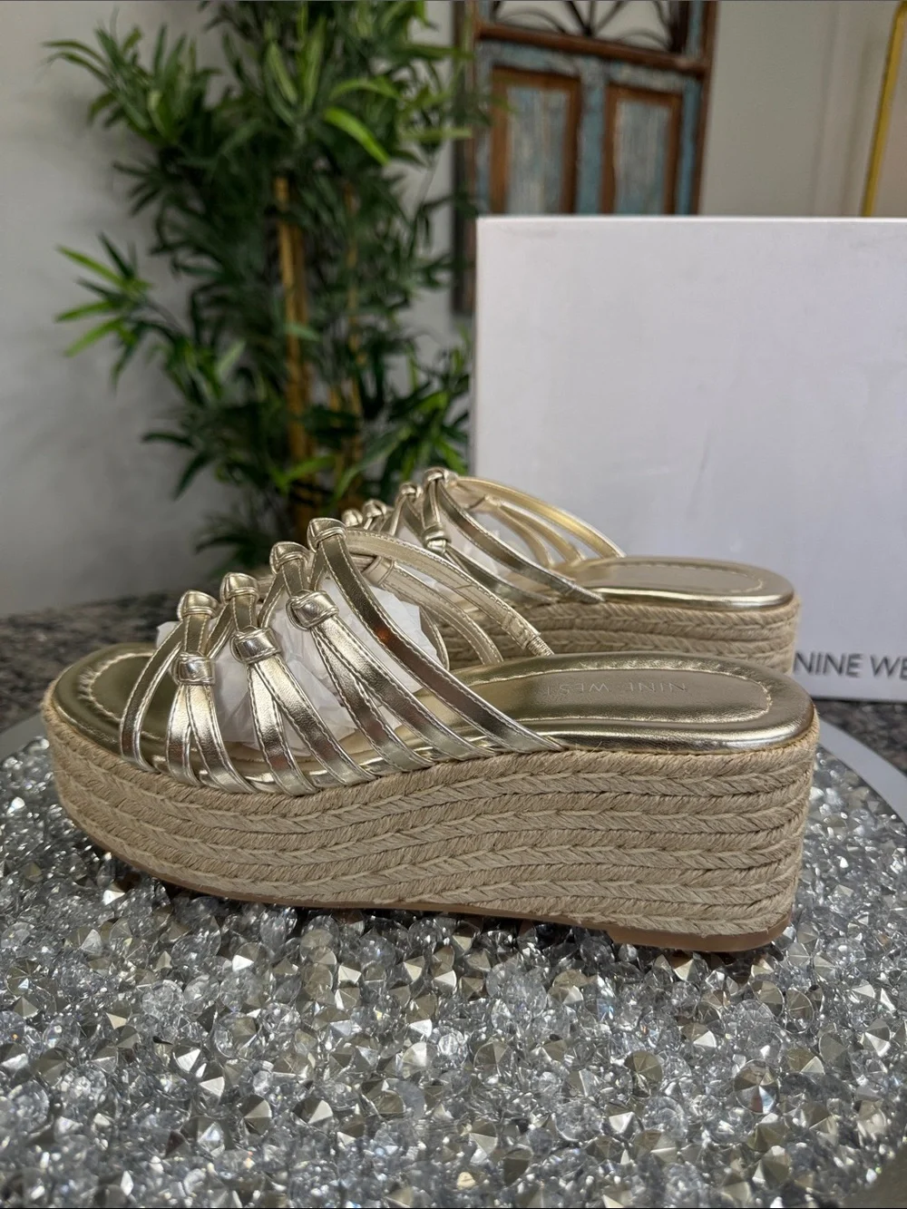Nine West Metallic Gold Braided Espadrille Platform Slides NEW 8